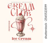 Fresh Ice cream love club graphic print t-shirt, Bow tie, apparel, posters, background, Retro ice cream hand-drawn vector art, Enjoy summer with sweet ice cream. Summer graphic t shirt design for girl