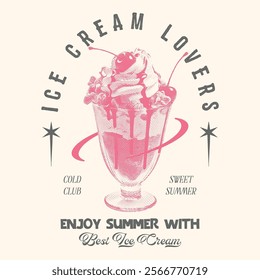 Fresh Ice cream love club graphic print t-shirt, apparel, posters, background, Retro ice cream hand-drawn vector art, Enjoy summer with sweet ice cream. Summer graphic t shirt design