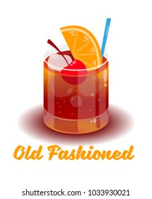 Fresh ice frozen alcoholic drink bar cocktails Old Fashioned in good glass made with sugar cube and Angostura bitters crushed and stirred with large ice cube bourbon. Modern vector style illustration