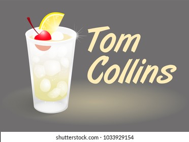 Fresh ice frozen alcoholic lemonade drink bar cocktails Tom Collins in good glass made with gin lemon juice sugar and carbonated freeze water Modern vector style illustration abstract grey background