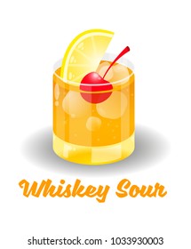 Fresh ice frozen alcoholic orange drink bar cocktails Whiskey Sour in good glass made with bourbon lemon juice and a teaspoon of sugar. Modern vector style illustration isolated white background