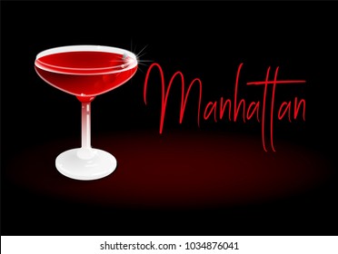 Fresh ice frozen cherry alcoholic drink bar cocktails Manhattan in good glass made peppery rye bitters sweet vermouth with Bulleit Rittenhouse Maker's Mark Dark cherry abstract background illustration