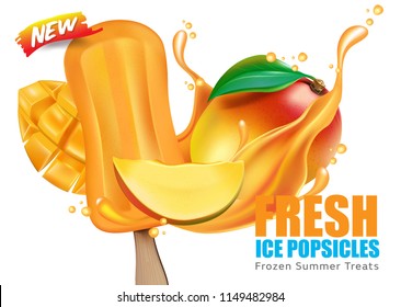 Fresh ice popsicles Mango fruit and liquid splash with slice and green leaf isolated on solid color background, Realistic vector 3D illustrate. Food concept Ads. Of free space for your branding.
