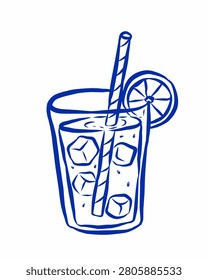 Fresh Iced Lemonade Summer Drink Hand Drawn Monoline Doodle Illustration