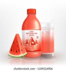 Fresh iced watermelon juice. Vector illustration with realistic bottle, watermelon slice, glass with juice on white background.