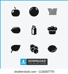 Fresh icon. collection of 9 fresh filled icons such as currant, orange, lemon, leaf, milk, pie, field. editable fresh icons for web and mobile.