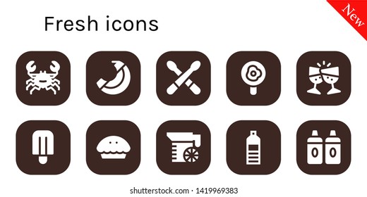 fresh icon set. 10 filled fresh icons.  Simple modern icons about  - Crab, Banana, Drumsticks, Fried egg, Toast, Popsicle, Pie, Juice, Water bottle, Sauces
