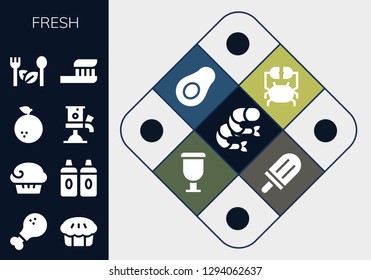  fresh icon set. 13 filled fresh icons. Simple modern icons about  - Shrimp, Chicken leg, Pie, Muffin, Sauces, Orange, Beer tap, Salad, Toothbrush, Crab, Avocado, Cup, Popsicle
