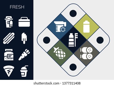 fresh icon set. 13 filled fresh icons.  Simple modern icons about  - Toothbrush, Crepe, Smoothie, Bottle, Carrot, Hot dog, Popsicle, Coffee cup, Fridge, Juice, Pineapple, Salami