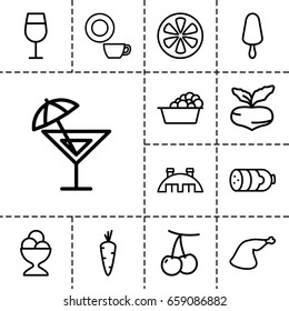 Fresh icon. set of 13 outline freshicons such as sausage, carrot, cherry, beet, cocktail, laundry, dish, ice cream on stick, ice cream ball, meat leg, lemon, barn