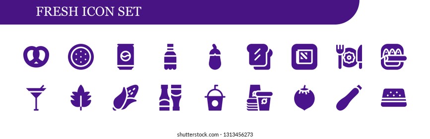 fresh icon set. 18 filled fresh icons.  Collection Of - Pretzel, Watermelon, Can, Soda, Aubergine, Toast, Apple, Breakfast, Fish, Martini, Leaf, Corn, Sauces, Paper cup, Coconut
