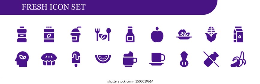 fresh icon set. 18 filled fresh icons.  Collection Of - Mouthwash, Vitamins, Smoothie, Salad, Sauce, Apple, Corn, Milk, Eco, Pie, Popsicle, Watermelon, Cup, Chives, Dairy icons