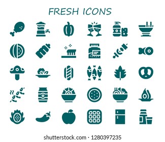  fresh icon set. 30 filled fresh icons. Simple modern icons about  - Chicken leg, Beer tap, Pepper, Toast, Shampoo, Custard, Watermelon, Plastic bottle, Toothbrush, Bottle, Skewer