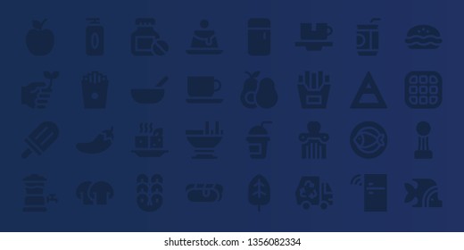 fresh icon set. 32 filled fresh icons. on blue background style Simple modern icons about  - Apple, Eco friendly, Popsicle, Beer tap, Gel, French fries, Chili, Mushroom, Bottle