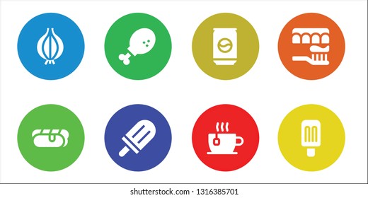 fresh icon set. 8 filled fresh icons.  Collection Of - Onion, Hot dog, Chicken leg, Popsicle, Can, Cup, Toothbrush