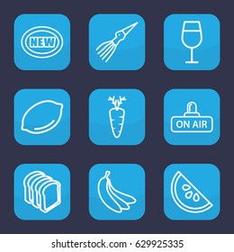 Fresh icon. set of 9 outline fresh icons such as lemon, cocktail, bread slices, carrot, open air, watermelon, banana, extinct sea creature