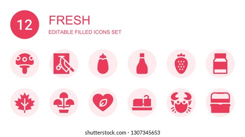fresh icon set. Collection of 12 filled fresh icons included Mushroom, Chop, Eggplant, Bottle, Strawberry, Leaf, Flower pot, Butter, Crab, Mayonnaise, Ice box