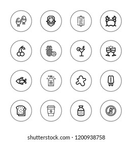Fresh icon set. collection of 16 outline fresh icons with boiled egg, cherry, cocktail, coffee cup, crab, fish, hot dog, ginger, pineapple, popsicle, shampoo icons.