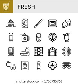 fresh icon set. Collection of Cold coffee, Butcher shop, Chicken leg, Baguette, Soap, Arepas, Grinder, Coffee mug, Tomato, Cocktail, Meatloaf, Plastic bottle, Honeycomb icons