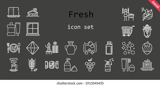 fresh icon set. line icon style. fresh related icons such as minerals, bread, foam, corn, strawberry, toothbrush, vase, bottle, pancakes, grape, windows, leaf, cold water, trolley, toothpaste