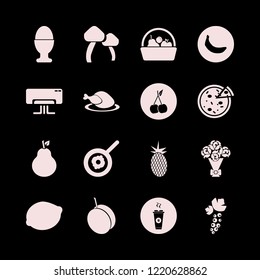 fresh icon. fresh vector icons set mushrooms, black currant berry, fried egg and basket apple apricot pear