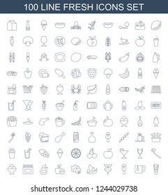 fresh icons. Set of 100 line fresh icons included milk glass, tea cup, ice cream on stick, beet, chili, currant on white background. Editable fresh icons for web, mobile and infographics.