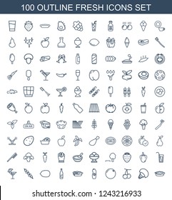 fresh icons. Set of 100 outline fresh icons included pie, extinct sea creature, cherry, orange, water bottle on white background. Editable fresh icons for web, mobile and infographics.