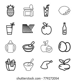 Fresh icons. set of 16 editable outline fresh icons such as field, egg, beet, porridge, apple, bottle, french fries, soda, meat leg, cocktail, pineapple, baby food