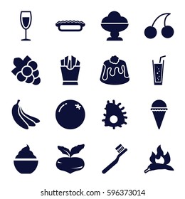 fresh icons set. Set of 16 fresh filled icons such as orange, beet, chili, toothbrush, Cherry, Grape, ice cream, french fries, milkshake, soda, pie, wine glass, banana