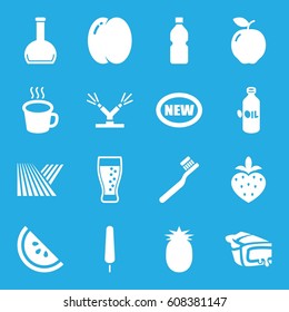 Fresh icons set. set of 16 fresh filled icons such as field, apple, peach, oil, toothbrush, ice cream on stick, pie, strawberry, bottle, cup, soda, watering system, watermelon