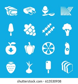Fresh icons set. set of 16 fresh filled icons such as field, onion, cauliflower, Grape, ice cream on stick, water bottle, bread slices, boiled egg, pie, lemon, pepper, kebab