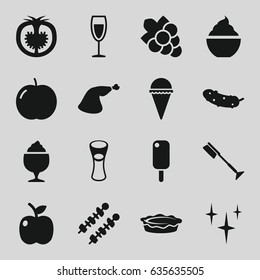 Fresh icons set. set of 16 fresh filled icons such as apple, grape, toothbrush, clean, ice cream, cucumber, milk glass, milkshake, pie, meat leg, tomato, wine glass