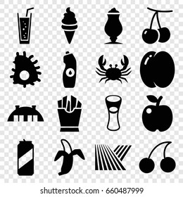 Fresh icons set. set of 16 fresh filled icons such as field, peach, cherry, crab, cherry, ice cream, french fries, water bottle, milk glass, milkshake, soda, banana, barn