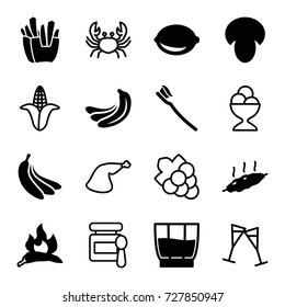 Fresh icons set. set of 16 fresh filled and outline icons such as mushroom, banana, chili, french fries, lemon, tooth brush, drink, meat, crab, corn, baby food, grape