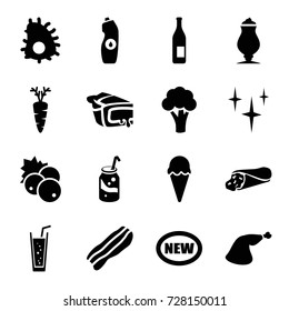 Fresh icons set. set of 16 fresh filled icons such as currant, cauliflower, clean, wrap sandwich, soda, water bottle, milkshake, pie, meat leg, carrot, bacon, ice cream