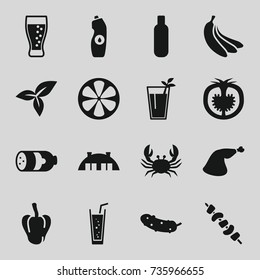 Fresh icons set. set of 16 fresh filled icons such as sausage, pepper, crab, bottle, water bottle, cucumber, soda, meat leg, kebab, leaf, lemon, tomato, barn, cocktail