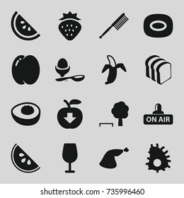 Fresh icons set. set of 16 fresh filled icons such as strawberry, peach, cocktail, soap, toothbrush, bread slices, boiled egg, meat leg, banana, open air, avocado, watermelon
