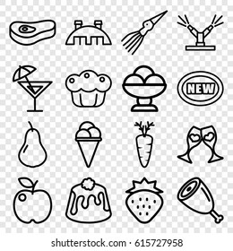 Fresh icons set. set of 16 fresh outline icons such as strawberry, pear, ice cream, pie, carrot, clink glasses, barn, meat, watering system, cocktail, extinct sea creature