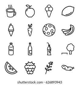 Fresh icons set. set of 16 fresh outline icons such as apple, mulberry, banana, deel, oil, lemon, ice cream, cucumber, cup, soda bottle, watermelon, extinct sea creature