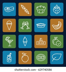 Fresh icons set. set of 16 fresh outline icons such as apple, banana, ice cream, soda, pie, kebab, clink glasses, strawberry, open air, meat, cocktail, new
