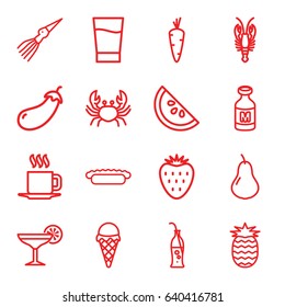 Fresh icons set. set of 16 fresh outline icons such as crab, carrot, pear, eggplant, milk, cup, soda bottle, pie, drink, cocktail, watermelon, pineapple, strawberry, ice cream