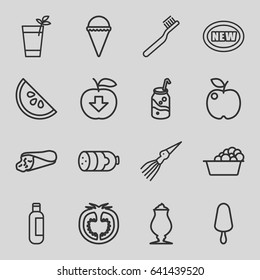 Fresh icons set. set of 16 fresh outline icons such as sausage, bottle, toothbrush, laundry, wrap sandwich, soda, ice cream, ice cream on stick, milkshake, tomato, cocktail