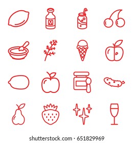 Fresh icons set. set of 16 fresh outline icons such as deel, lemon, baby food, porridge, cherry, lemon, clean, soda, cucumber, pear, strawberry, apple, milk, wine glass