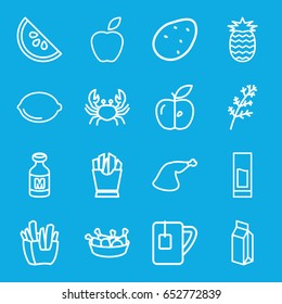 Fresh icons set. set of 16 fresh outline icons such as crab, potato, deel, french fries, chicken leg, meat leg, apple, lemon, milk, tea cup, drink, watermelon