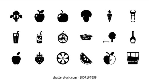 Fresh icons. set of 18 editable filled fresh icons: mushroom, tree and bench, soda, milk glass, pie, apple, drink, lemon, broccoli, strawberry, watermelon, carrot, bottle