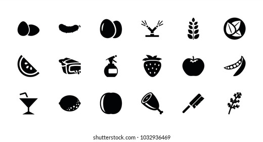 Fresh icons. set of 18 editable filled fresh icons: egg, deel, apple, spray bottle, pie, peas, meat, watering system, watermelon, leaf, strawberry, peach, cocktail, lemon