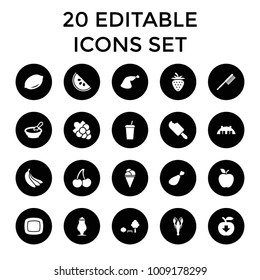 Fresh icons. set of 20 editable filled fresh icons such as lemon, crab, porridge, grape, toothbrush, ice cream, milkshake. best quality fresh elements in trendy style.