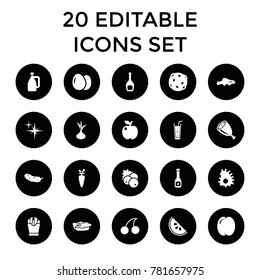 Fresh icons. set of 20 editable filled fresh icons such as egg, currant, onion, peach, cherry, apple, french fries, cucumber. best quality fresh elements in trendy style.
