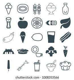 Fresh icons. set of 25 editable filled and outline fresh icons such as ice cream on stick, pie, broccoli, barn, drink, bacon, ice cream, lemon, soap, dish, milk glass, lemon