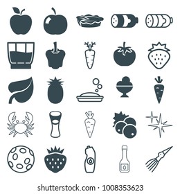 Fresh icons. set of 25 editable filled and outline fresh icons such as sausage, currant, milk glass, pie, strawberry, drink, pineapple, soap, water bottle, carrot